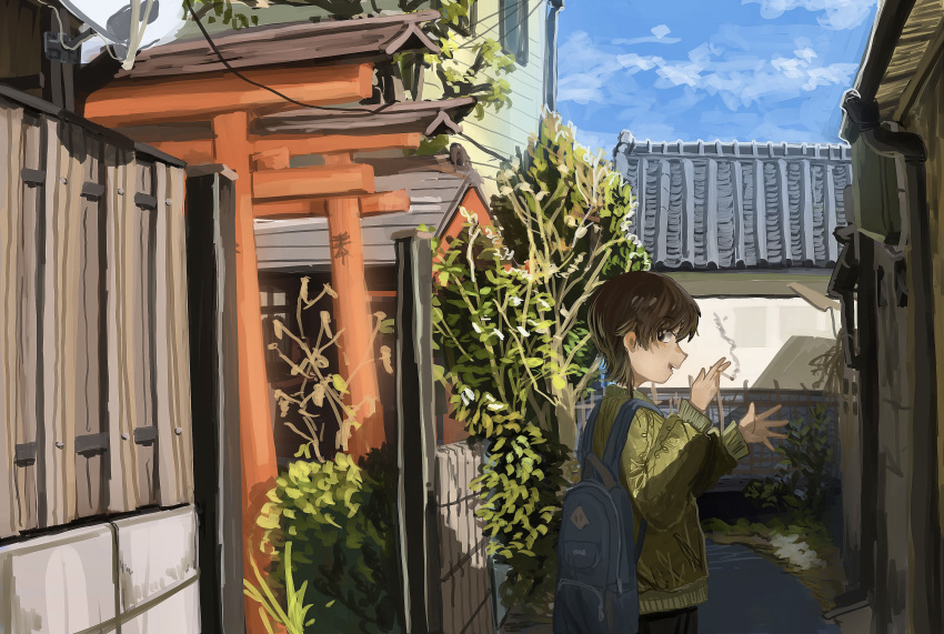 1girl anko1127 backpack bag black_bag blue_sky brown_hair building clouds day flower grass green_sweater highres long_sleeves original outdoors plant profile shadow short_hair sky solo sweater tree upper_body wall white_flower