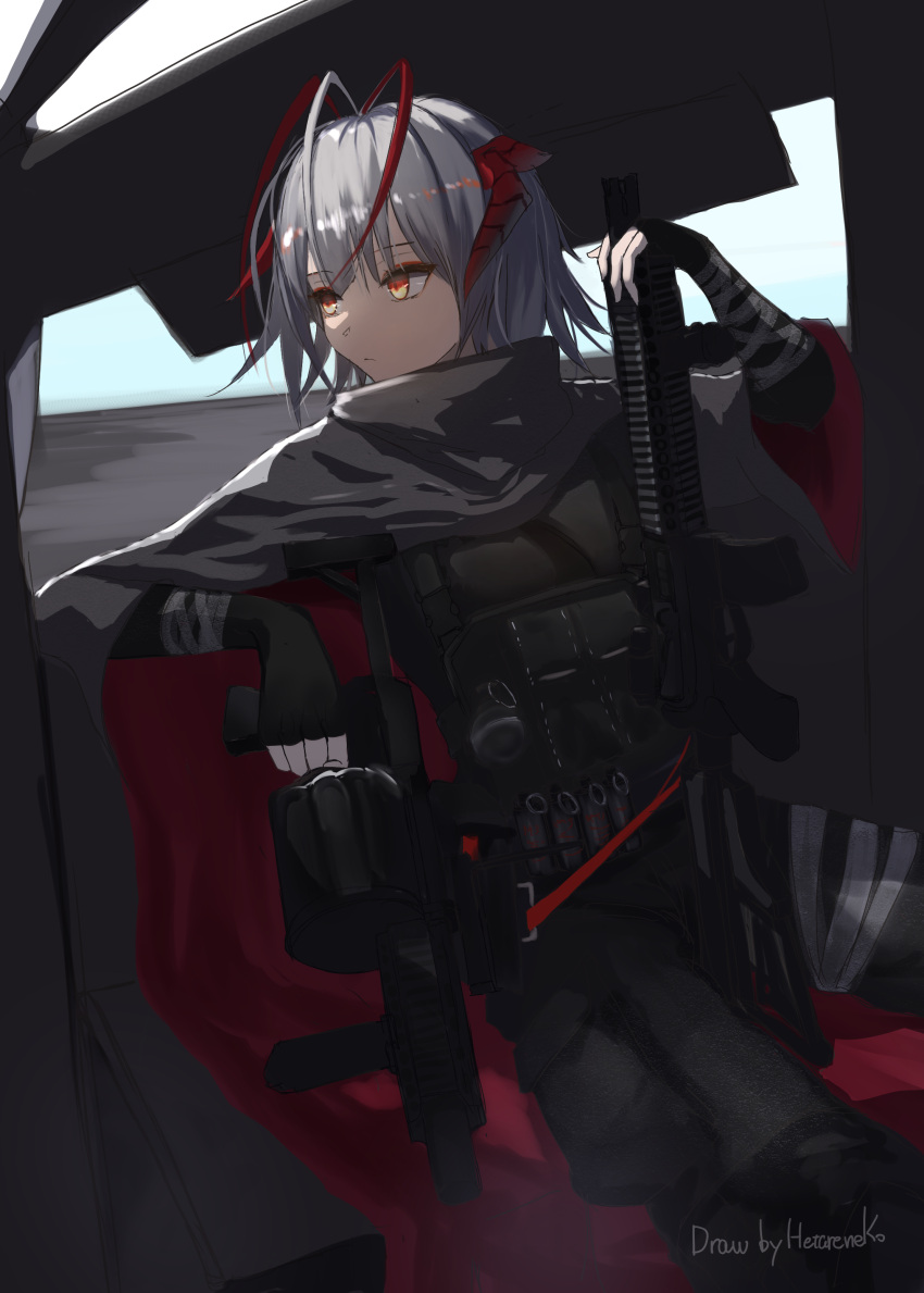 1girl absurdres arknights artist_name black_gloves black_pants bulletproof_vest cape closed_mouth fingerless_gloves gloves grey_cape grey_hair gun hetare_galm_sue highres holding holding_gun holding_weapon horns looking_away looking_to_the_side multicolored_hair pants red_eyes redhead short_hair sitting solo two-tone_hair w_(arknights) weapon