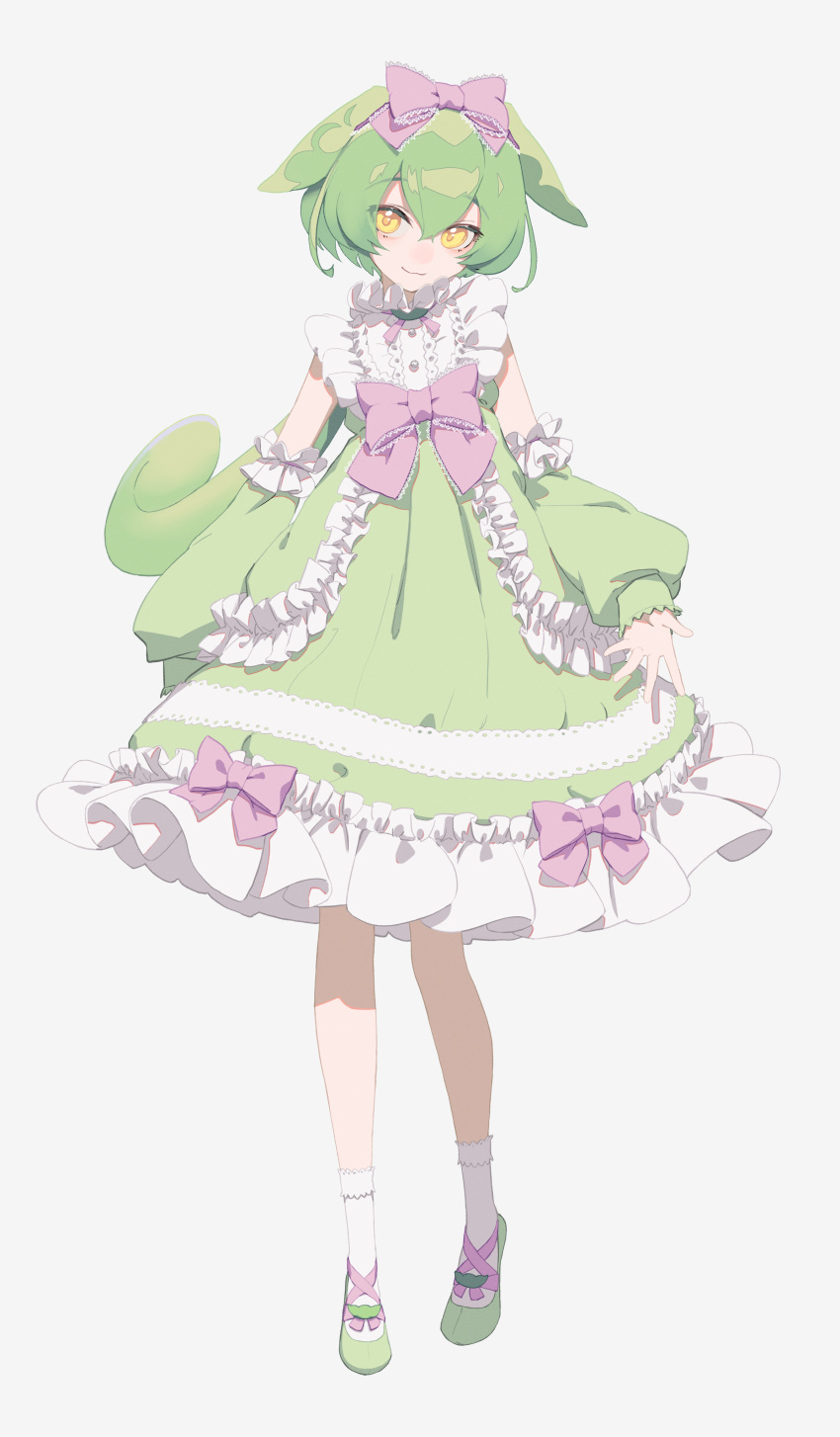 1girl absurdres bow detached_sleeves dress frilled_dress frills full_body green_dress green_footwear green_hair hair_between_eyes hair_bow highres looking_at_viewer puffy_detached_sleeves puffy_sleeves rsk_(tbhono) socks solo voicevox white_background white_socks yellow_eyes zundamon