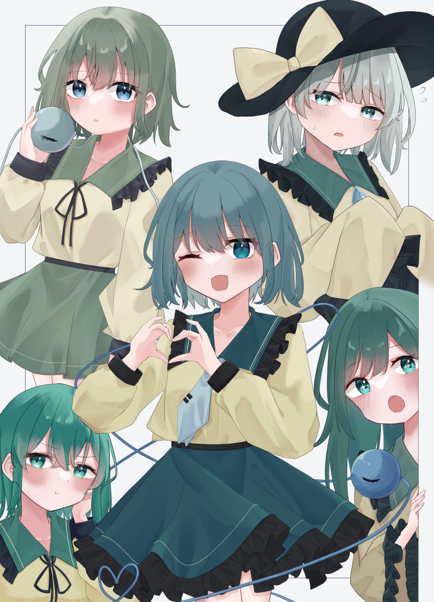 0krmi absurdres black_headwear blush bow buttons diamond_button dress eyeball frilled_dress frills green_dress green_eyes green_hair green_skirt hat hat_bow hat_ribbon heart heart_of_string highres komeiji_koishi long_sleeves looking_at_viewer medium_hair multiple_girls multiple_views ribbon shirt skirt third_eye touhou yellow_ribbon yellow_shirt