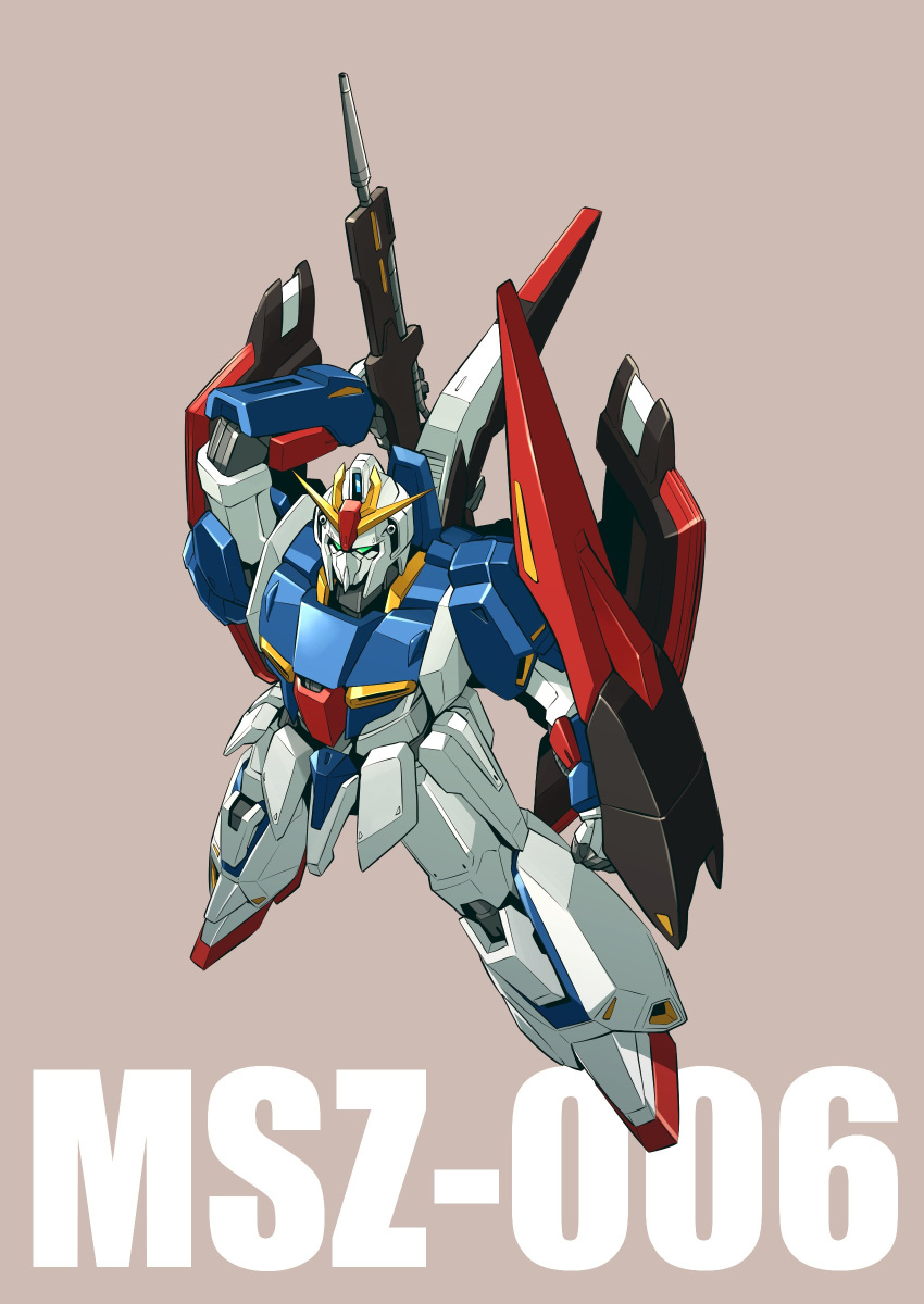 absurdres blue_eyes brown_background clenched_hand flying gun gundam highres holding holding_gun holding_shield holding_weapon ishiyumi mecha mobile_suit robot shield solo v-fin weapon zeta_gundam zeta_gundam_(mobile_suit)