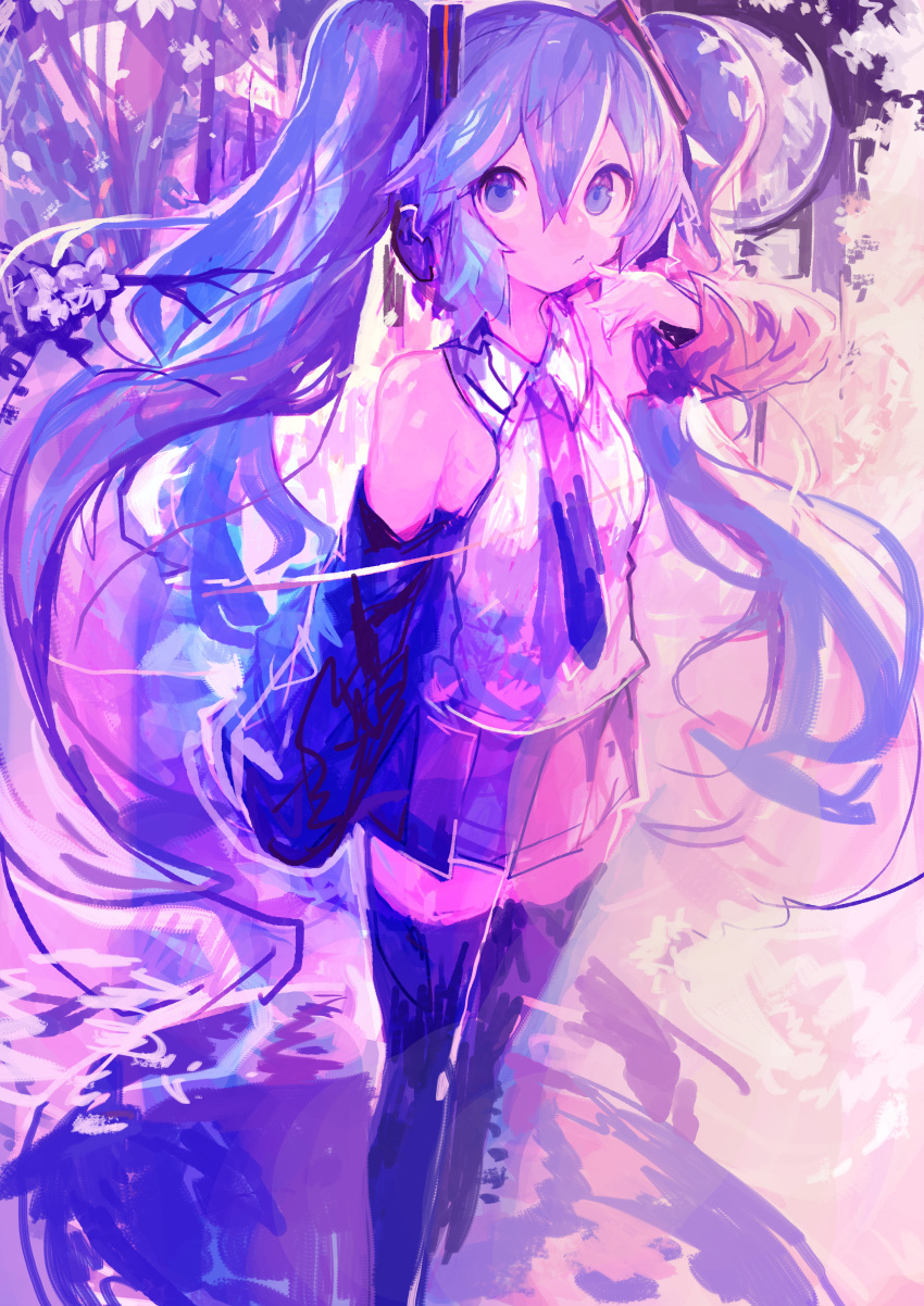 1girl :/ absurdres aqua_eyes aqua_hair black_bow black_bowtie black_skirt black_thighhighs bow bowtie cherry_blossoms cherry_tree detached_sleeves earphones finger_to_mouth hatsune_miku headphones highres kaamin_(mariarose753) lake long_hair looking_at_viewer miniskirt skirt standing standing_on_liquid thigh-highs twintails vocaloid