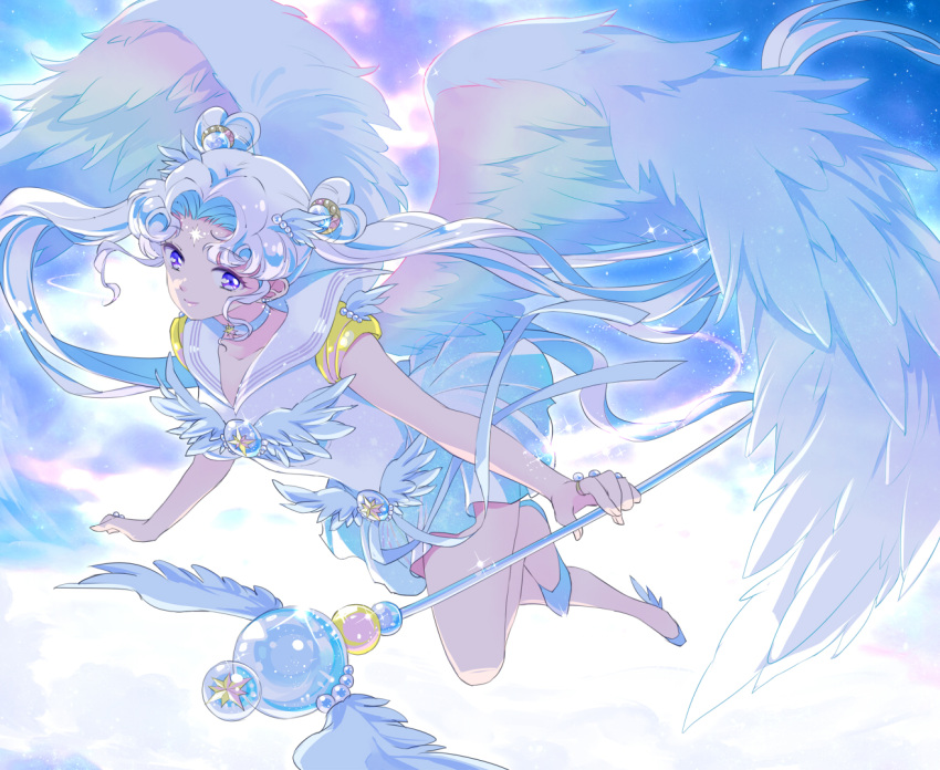 bare_legs bishoujo_senshi_sailor_moon choker closed_mouth double_bun dress facial_mark feathered_wings flying forehead_mark full_body hair_bun hair_ornament jewelry long_hair parted_bangs ring sailor_collar sailor_cosmos saki_(hxaxcxk) short_dress short_sleeves staff twintails very_long_hair violet_eyes white_choker white_dress white_hair white_sailor_collar white_wings wings