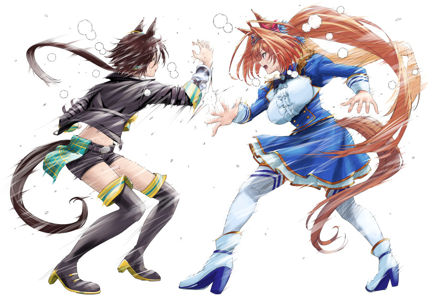 2girls animal_ears ankle_boots boots breath brown_hair commentary_request daiwa_scarlet_(umamusume) epaulettes full_body hair_intakes high_five highres horse_ears horse_girl horse_tail jacket knee_boots long_hair long_sleeves multicolored_hair multiple_girls nabe_puyo parody slam_dunk_(series) speed_lines sweat tail tiara twintails umamusume vodka_(umamusume) white_background