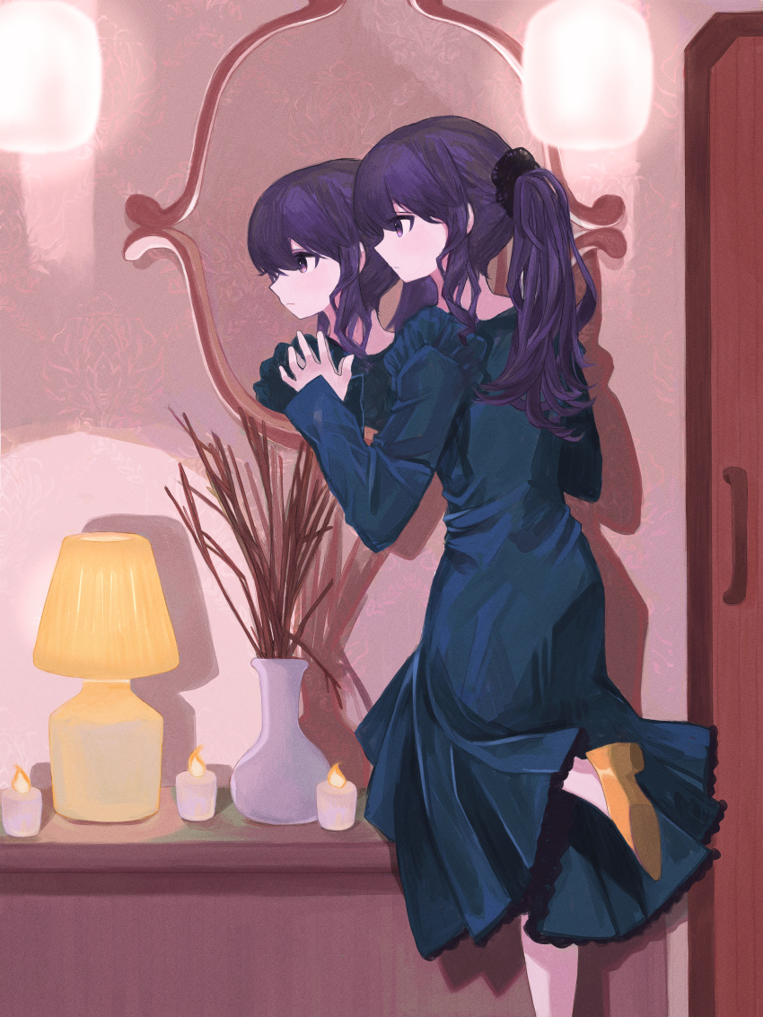 1girl absurdres black_dress black_hair door dress expressionless foot_out_of_frame highres indoors lamp leg_up long_hair long_sleeves mirror original plant ponytail potted_plant profile purple_hair reflection shadow shi_rushi shoes solo yellow_footwear