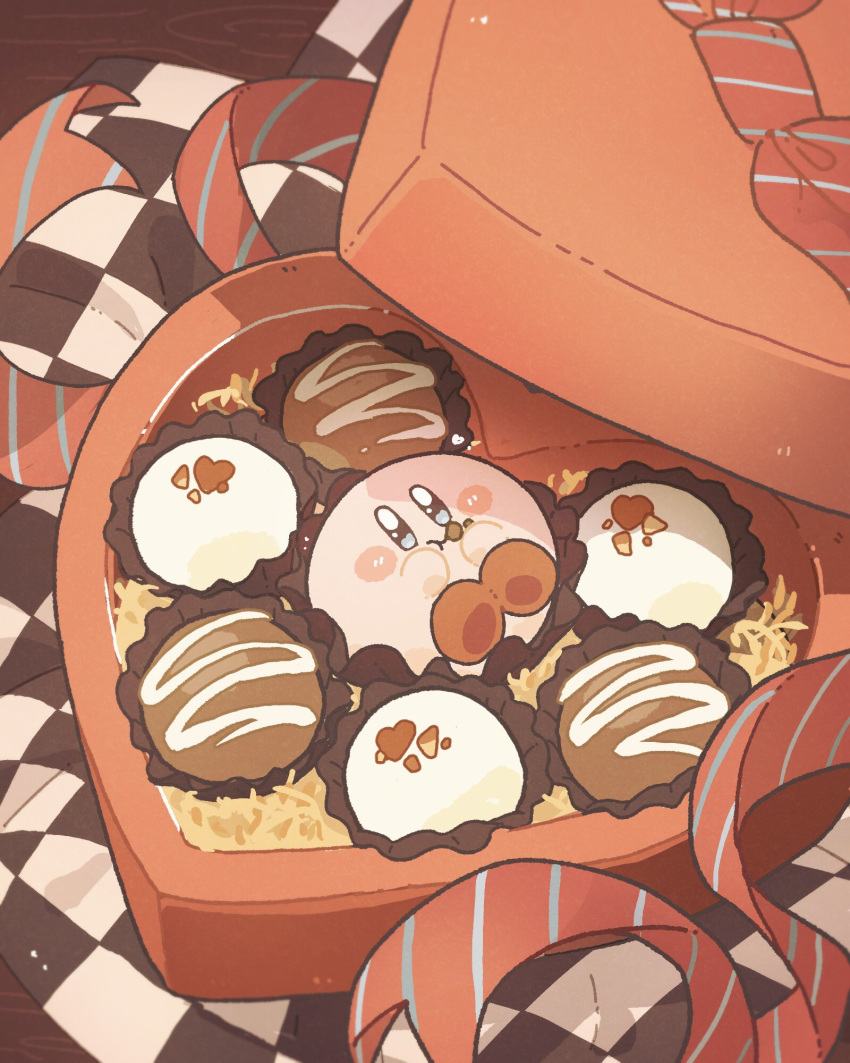blue_eyes blush blush_stickers box box_of_chocolates chocolate closed_mouth commentary eating english_commentary food food_on_face harukui heart heart-shaped_box highres kirby kirby_(series) looking_at_viewer lying no_humans on_back red_ribbon ribbon striped striped_ribbon valentine
