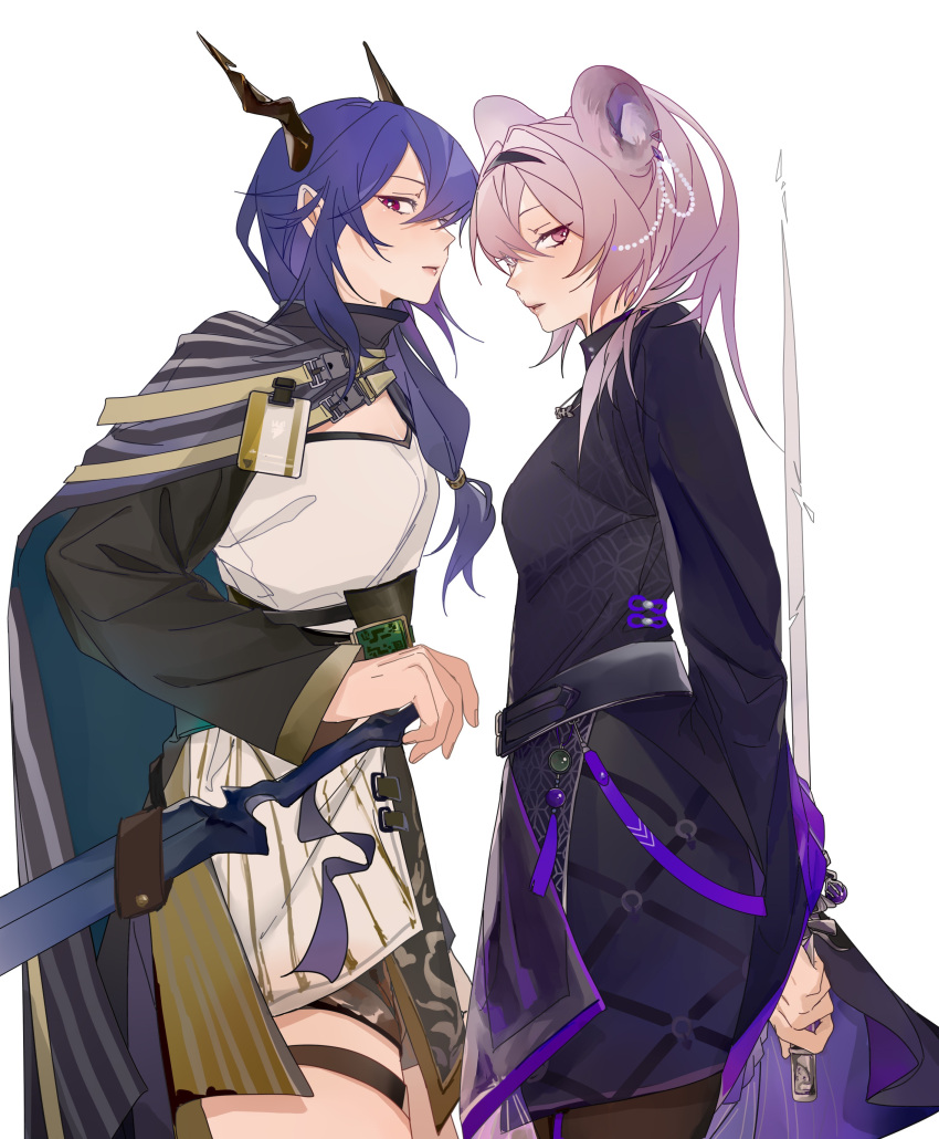 2girls absurdres arknights arm_behind_back black_cloak black_dress blue_hair breasts ch'en_(arknights) cloak closed_mouth commentary_request dress from_side hair_between_eyes hair_over_shoulder highres holding holding_sword holding_weapon latutou1 lin_(arknights) long_hair long_sleeves multiple_girls pink_hair profile red_eyes simple_background small_breasts sword weapon white_background white_dress