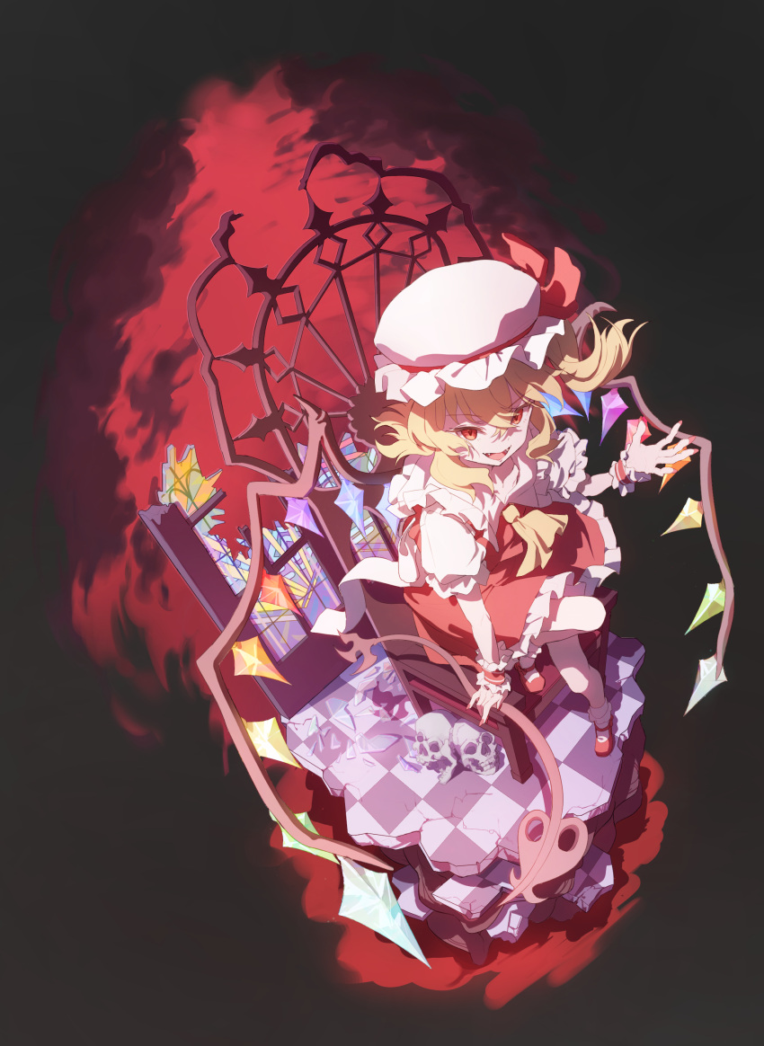 1girl absurdres applepie_(12711019) ascot black_background blonde_hair checkered_floor crystal dress fang flandre_scarlet hair_between_eyes hat highres laevatein_(touhou) looking_at_viewer mob_cap open_mouth red_dress red_eyes side_ponytail smile solo touhou white_headwear wings yellow_ascot