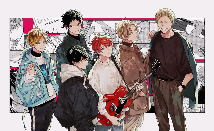 6+boys bishounen black_hair black_jacket blonde_hair closed_eyes closed_mouth collage given guitar holding holding_instrument instrument jacket kaji_akihiko kashima_hiiragi_(given) kizu_natsuki light_blue_jacket looking_at_viewer male_focus multiple_boys nakayama_haruki open_clothes open_jacket redhead satou_mafuyu short_hair smile uenoyama_ritsuka yagi_shizusumi_(given)