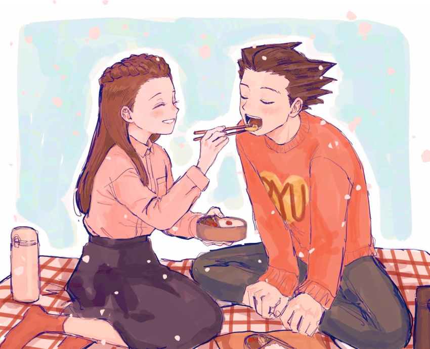 1boy 1girl ace_attorney alternate_costume bento blush braid brown_hair chopsticks closed_eyes collared_shirt couple feeding food hetero highres holding holding_chopsticks iris_(ace_attorney) long_hair long_sleeves open_mouth pants phoenix_wright phoenix_wright:_ace_attorney_-_trials_and_tribulations pink_shirt pink_sweater renshu_usodayo shirt short_hair sitting skirt smile spiky_hair sweater thermos