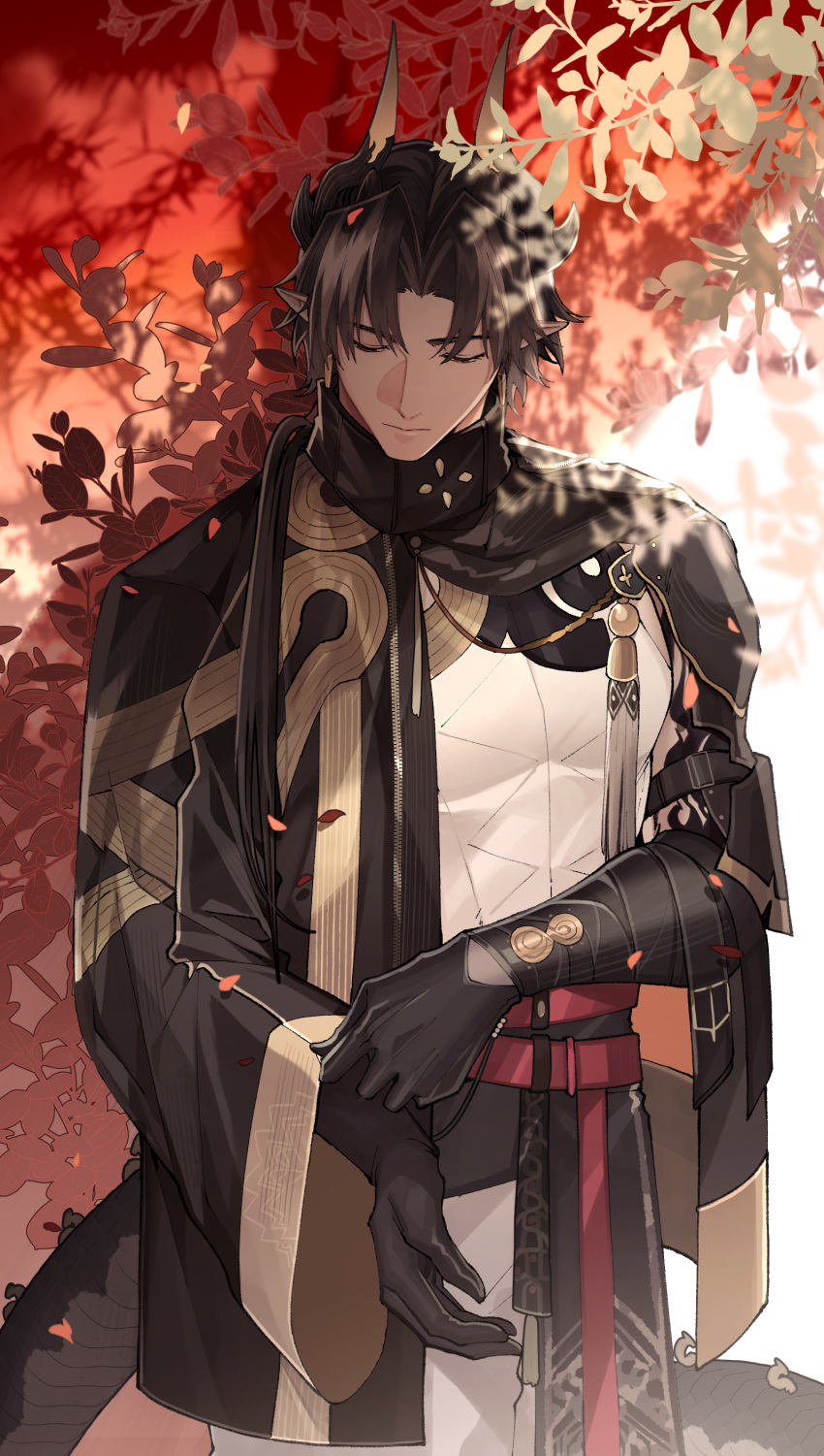1boy absurdres arknights black_gloves black_hair black_jacket chong_yue_(arknights) closed_eyes closed_mouth dragon_boy dragon_horns dragon_tail facing_viewer gloves highres horns jacket kharu11 long_sleeves male_focus parted_bangs shirt solo tail white_shirt wide_sleeves