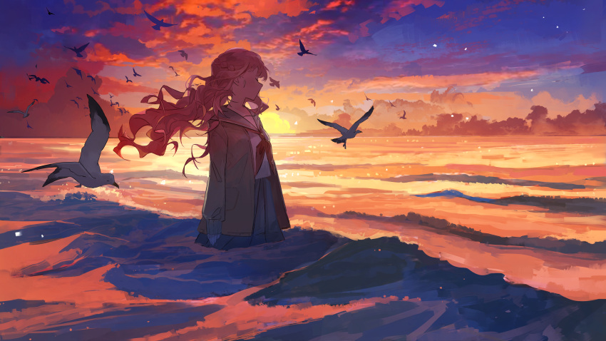 1girl absurdres axleaki bird braid closed_eyes clouds cloudy_sky evening hair_between_eyes highres jacket long_hair ocean open_clothes open_jacket original partially_submerged pink_hair scenery school_uniform seagull serafuku sky standing summer sunset wind