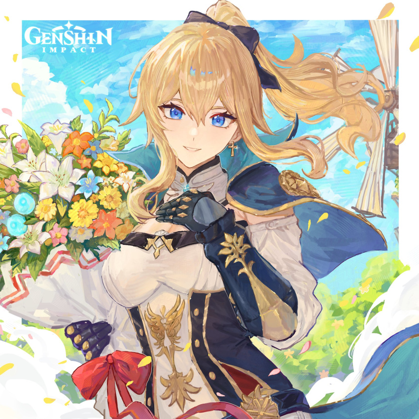 black_gloves blonde_hair blue_capelet blue_eyes bouquet breasts capelet chikuwa_ku collar corset cross cross_earrings detached_collar detached_sleeves earrings genshin_impact gloves hair_between_eyes hand_on_own_chest highres holding holding_bouquet jean_(genshin_impact) jewelry long_hair looking_at_viewer medium_breasts ponytail sidelocks smile white_collar white_sleeves windmill