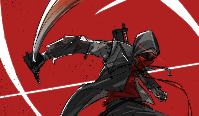 absurdres arknights black_jacket black_pants character_request commentary_request glowing glowing_eye highres holding holding_sword holding_weapon hood hood_up hooded_jacket jacket katana looking_at_viewer pants red_background red_eyes red_shirt shirt shoshu simple_background sword weapon