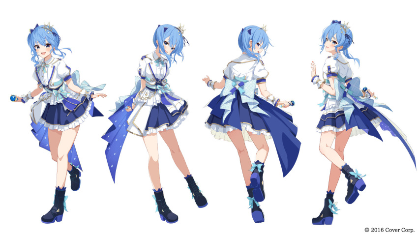 1girl :d blue_eyes blue_hair blue_skirt bow brat_(brabrabrat00) collared_shirt commentary_request copyright crown floating_hair frills full_body hair_ornament highres hololive hoshimachi_suisei idol legs looking_at_viewer medium_hair microphone mini_crown multiple_views official_art open_mouth shirt shoes side_ponytail skirt smile thighs tiara virtual_youtuber wavy_hair white_shirt wrist_cuffs