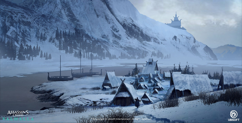 1boy assassin's_creed:_valhalla assassin's_creed_(series) boat company_name concept_art copyright_name dechambo european_architecture grey_sky highres mountain outdoors river sky snow tree village watercraft watermark