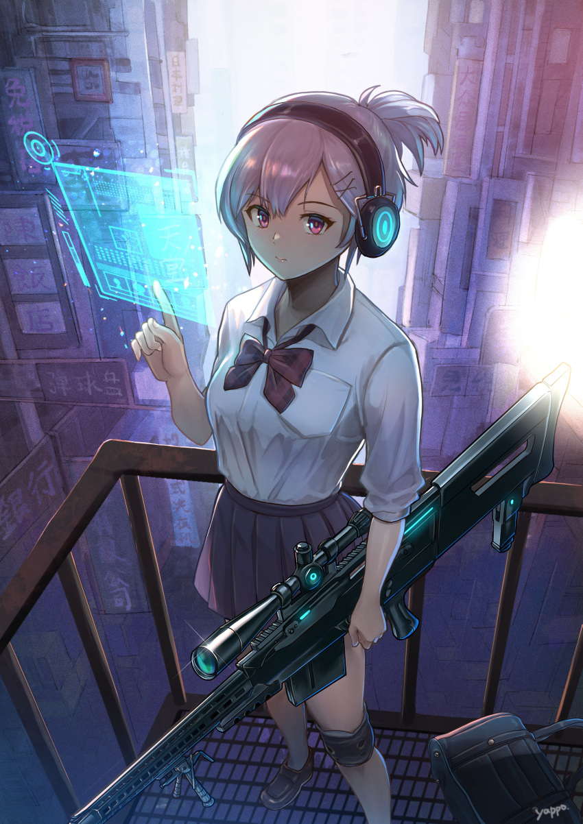 1girl absurdres anti-materiel_rifle artist_name balcony black_bag black_footwear black_skirt bow bowtie breast_pocket building closed_mouth collared_shirt commentary_request foot_out_of_frame glint grey_hair gun hair_ornament hand_up headphones highres holding holding_gun holding_weapon holographic_interface index_finger_raised knee_pads looking_at_viewer miniskirt original pleated_skirt pocket purple_bow purple_bowtie railing rifle school_uniform scope shirt shoes short_hair single_knee_pad skirt sleeves_past_elbows sniper_rifle solo standing violet_eyes weapon white_shirt x_hair_ornament yappo_(point71)