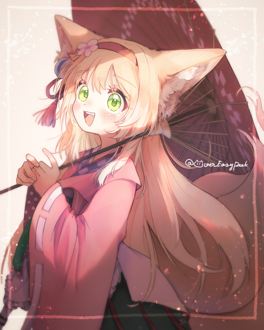 1girl :d absurdres animal_ear_fluff animal_ears apron arknights black_hakama blonde_hair blush commentary cowboy_shot flower fox_ears fox_girl fox_tail framed frilled_apron frills green_eyes hair_flower hair_ornament hairband hakama hakama_skirt hands_up highres holding holding_umbrella ijipiku japanese_clothes kimono long_sleeves official_alternate_costume oil-paper_umbrella open_mouth pink_kimono pleated_skirt red_hairband red_umbrella signature skirt smile solo suzuran_(arknights) suzuran_(yukibare)_(arknights) tail tassel tassel_hair_ornament teeth umbrella upper_teeth_only white_apron wide_sleeves