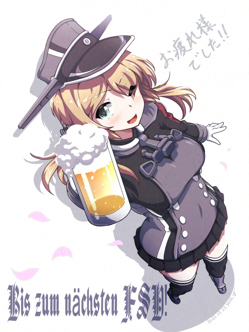 1girl 547th_sy alcohol anchor_hair_ornament beer beer_mug black_skirt black_thighhighs blonde_hair commentary_request cross cup from_above german_text gloves green_eyes grey_headwear hair_ornament hat highres iron_cross kantai_collection long_hair looking_at_viewer low_twintails microskirt military military_hat military_uniform mug one_eye_closed peaked_cap pleated_skirt prinz_eugen_(kancolle) skirt solo thigh-highs translation_request twintails uniform white_gloves