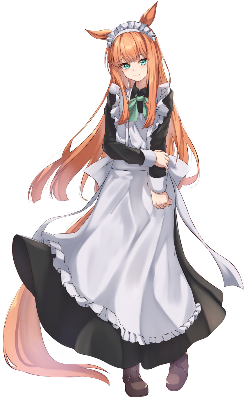 1girl absurdres alternate_costume animal_ears apron black_dress bow bowtie brown_footwear dress ear_covers enmaided frilled_apron frills full_body green_bow green_bowtie green_eyes highres hime_cut horse_ears horse_girl horse_tail long_hair long_sleeves maid maid_apron maid_headdress nayuta0603 orange_hair puffy_sleeves silence_suzuka_(umamusume) simple_background solo tail umamusume waist_apron white_apron white_background