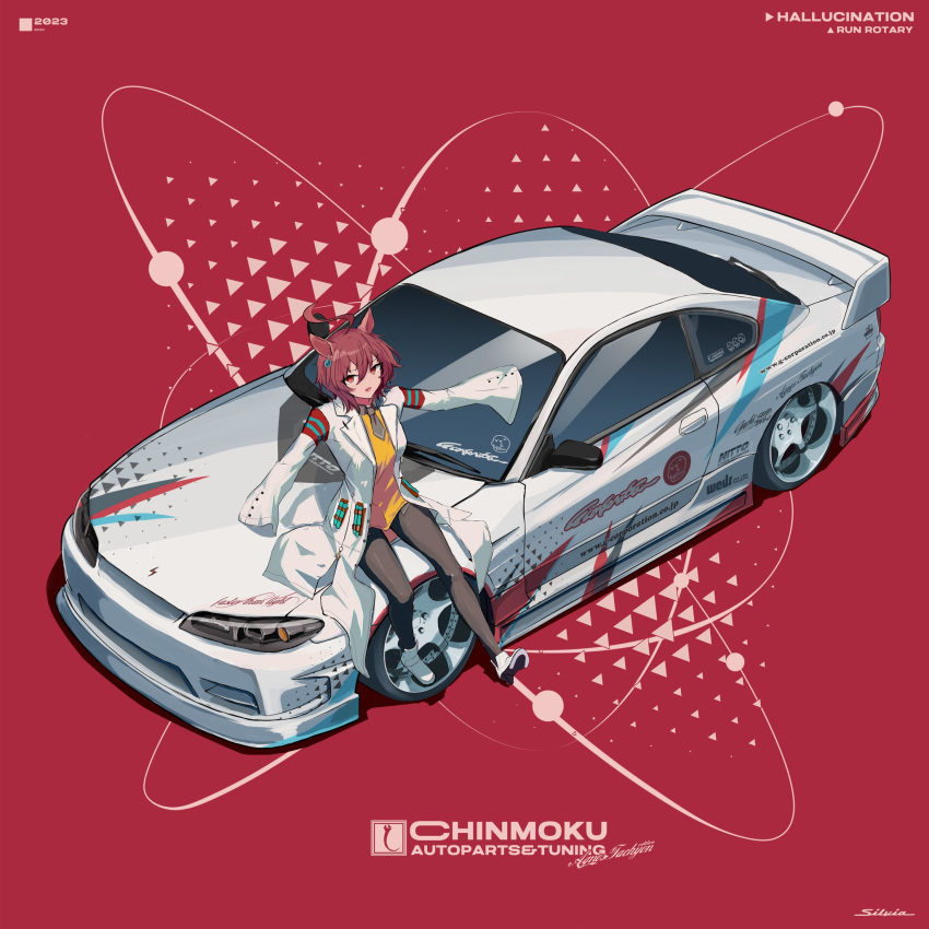 1girl agnes_tachyon_(umamusume) animal_ears black_pantyhose boots brown_eyes car cowlick green_necktie hair_between_eyes highres horse_ears labcoat looking_at_viewer looking_up motor_vehicle necktie nissan nissan_s15_silvia nissan_silvia on_vehicle open_mouth pantyhose run_rotary shirt short_hair short_necktie sitting sleeves_past_fingers sleeves_past_wrists solo spoiler_(automobile) test_tube umamusume vehicle_focus white_footwear yellow_shirt