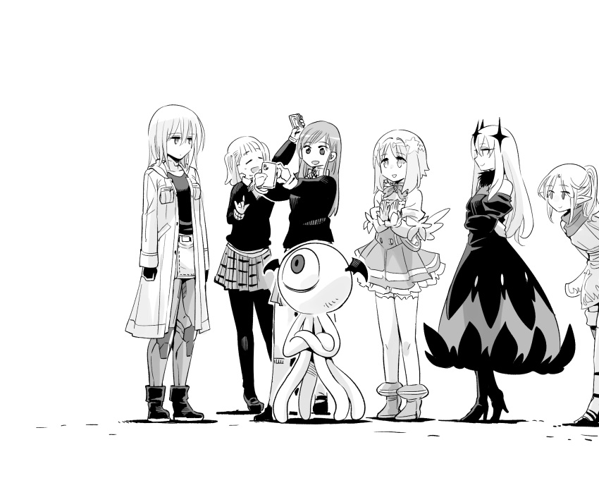 6+girls akirara_(ishiyumi) cellphone collarbone collared_shirt detached_sleeves greyscale hair_intakes high_heels highres holding holding_phone ishiyumi jacket leaning_forward long-haired_girl_(ishiyumi) long_pointy_ears looking_to_the_side looking_up ma_no_mono-tachi mechanical_buddy_universe mechanical_legs momdroid_(mechanical_buddy_universe) monochrome monster multiple_girls one-eyed original phone plaid plaid_skirt pointy_ears ponytail scarf shirt skirt smartphone smile sweater tentacles twintailed_girl_(ishiyumi)