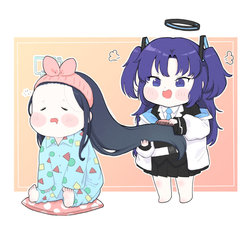 2girls absurdly_long_hair adjusting_another's_hair alternate_costume aqua_pajamas aris_(blue_archive) barefoot belt black_hair blazer blue_archive blush_stickers brushing_hair chibi coat collared_shirt comb commentary_request cushion drooling full_body hair_between_eyes hair_ornament hairband halo holding holding_comb hooded_coat jacket long_hair long_sleeves looking_at_another multiple_girls necktie open_clothes open_coat parted_bangs pleated_skirt puffy_cheeks purple_hair school_uniform shirt sidelocks simple_background sitting skirt sleepy soles standing toes very_long_hair violet_eyes white_coat yosik yuuka_(blue_archive)