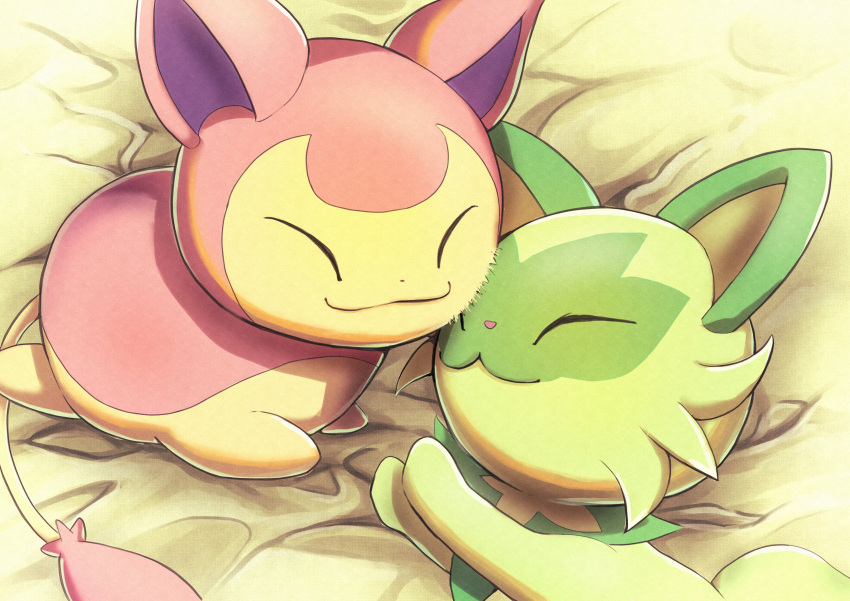 :3 absurdres closed_eyes closed_mouth commentary green_fur highres lily_(tefp4757) lying no_humans on_bed on_side pink_fur pokemon pokemon_(creature) skitty sleeping sprigatito