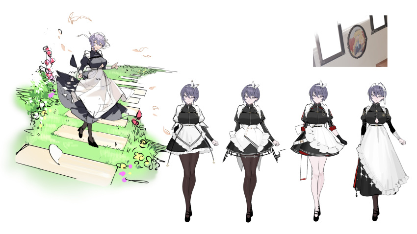 1girl apron azur_lane bellona_(armed_to_clean)_(azur_lane) bellona_(azur_lane) breasts commentary concept_art dress frilled_apron frilled_dress frills full_body gloves hair_ornament highres large_breasts light_purple_hair looking_at_viewer maid maid_apron maid_headdress ohisashiburi on_grass open_mouth petals reference_sheet short_hair simple_background smile solo white_background