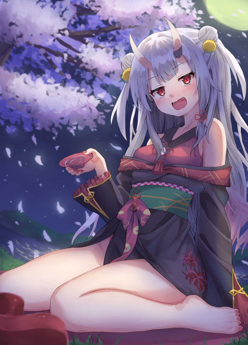 1girl absurdres alcohol bare_legs barefoot bell black_kimono blurry blush breasts cherry_blossoms commentary_request cup depth_of_field double_bun falling_petals fang feet frilled_sleeves frills full_body full_moon green_sash hair_bell hair_between_eyes hair_bun hair_ornament hair_spread_out hanami head_tilt highres holding holding_cup hololive horns japanese_clothes kajitsu_no_hito kimono long_hair long_sleeves looking_at_viewer moon nakiri_ayame night off_shoulder oni oni_horns open_mouth outdoors petals red_eyes sakazuki sake sash sidelocks sitting small_breasts smile solo thighs toenails toes two_side_up very_long_hair virtual_youtuber wariza white_hair wide_sleeves