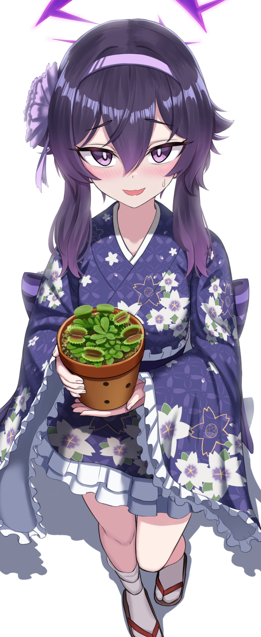 1girl absurdres blue_archive blush floral_print flower_pot frilled_kimono frills geta hair_between_eyes hairband halo haruka_(blue_archive) haruka_(new_year)_(blue_archive) highres holding_flower_pot japanese_clothes kimono long_hair long_sleeves looking_at_viewer open_mouth plant potted_plant purple_hair purple_hairband purple_kimono simple_background smile solo standing tabi violet_eyes white_background wide_sleeves yakob_labo
