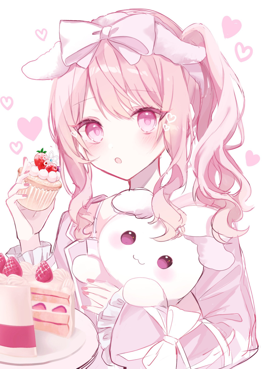 1other absurdres akiyama_mizuki androgynous birthday_cake cake cross-laced_clothes cross-laced_sleeves drill_hair food fur_hairband highres holding holding_food holding_stuffed_toy long_hair long_sleeves looking_at_viewer other_focus pink_eyes pink_hair project_sekai side_drill side_ponytail sleepwear soshite_ima_ribbon_o_musunde_(project_sekai) stuffed_animal stuffed_rabbit stuffed_toy xokikox