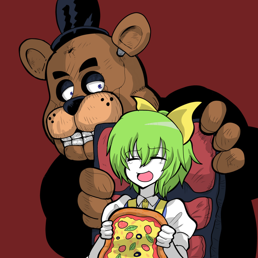 1boy 1girl absurdres blue_vest chair closed_eyes colored_skin cookie_(touhou) daiyousei diyusi_(cookie) five_nights_at_freddy's food freddy_fazbear great_gonzales green_hair hat highres holding holding_food holding_pizza mini_hat mini_top_hat necktie open_mouth pizza robot sitting sweat teeth top_hat touhou vest white_skin yellow_necktie