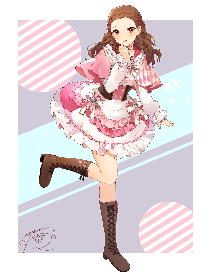 1girl absurdres argyle blush boots brown_hair choker cropped_jacket curly_hair dress forehead frilled_dress frills hand_on_own_chin highres idolmaster idolmaster_cinderella_girls idolmaster_cinderella_girls_starlight_stage knee_boots layered_dress long_hair long_sleeves looking_at_viewer mmmakaron888 multicolored_background open_mouth red_eyes seki_hiromi smile solo standing standing_on_one_leg wavy_hair
