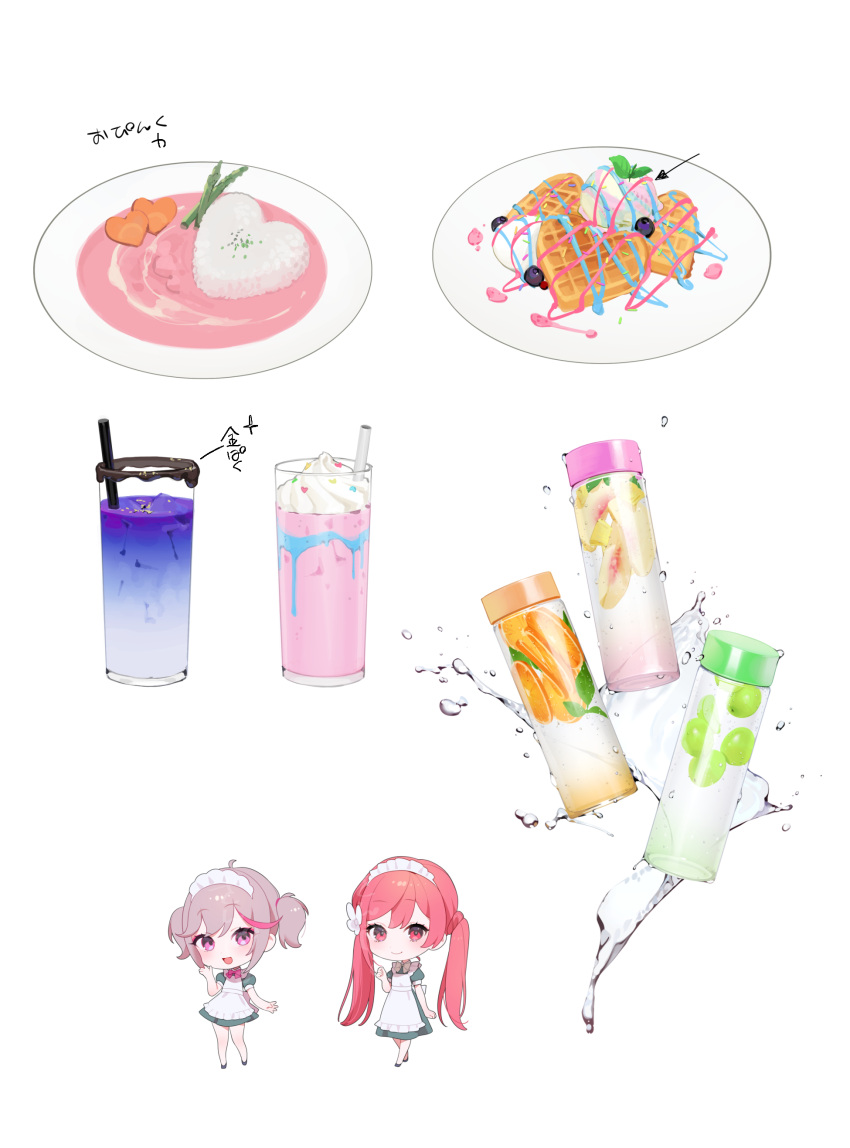 2girls absurdres apron arrow_(symbol) bottle chibi dress drink drinking_straw flower food food_focus glass hair_flower hair_ornament heart-shaped_food highres ice_cream low_twintails maid maid_apron maid_headdress multiple_girls ohisashiburi original pink_hair plate puffy_short_sleeves puffy_sleeves redhead rice short_dress short_sleeves smile translation_request twintails waffle water white_flower