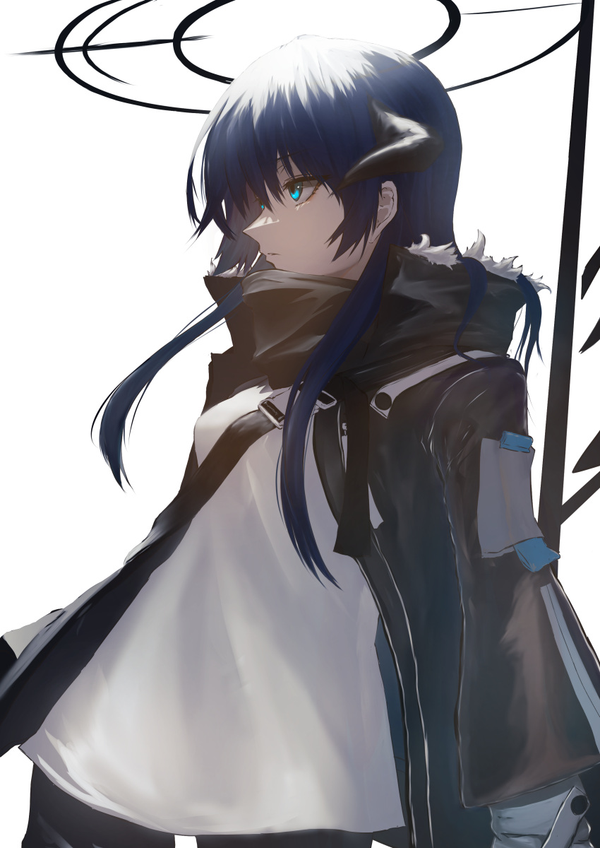 1girl absurdres arknights black_jacket blue_eyes blue_hair breasts cowboy_shot from_side halo hetare_galm_sue highres horns jacket long_hair long_sleeves medium_breasts mostima_(arknights) open_clothes open_jacket parted_lips shirt simple_background solo white_background white_shirt