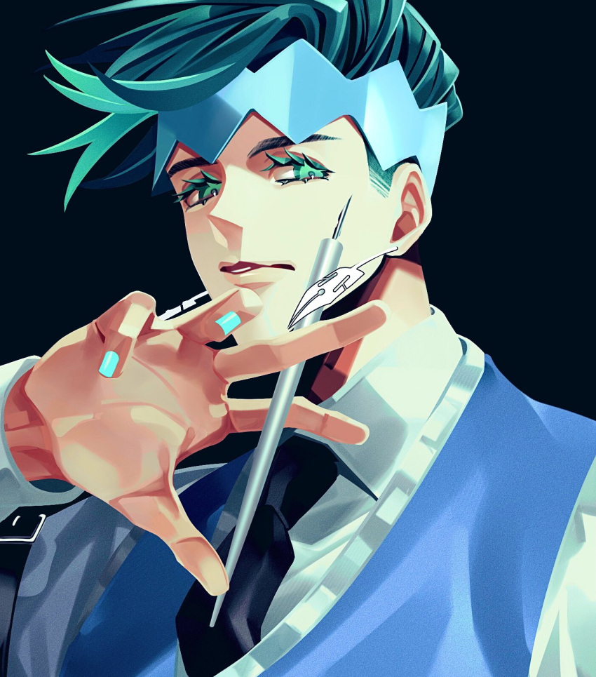 1boy blue_nails earrings green_eyes green_hair headband highres holding holding_pen jewelry jojo_no_kimyou_na_bouken kai_(masugata_94) kishibe_rohan kishibe_rohan_wa_ugokanai male_focus necktie pen smile solo undercut vest waistcoat