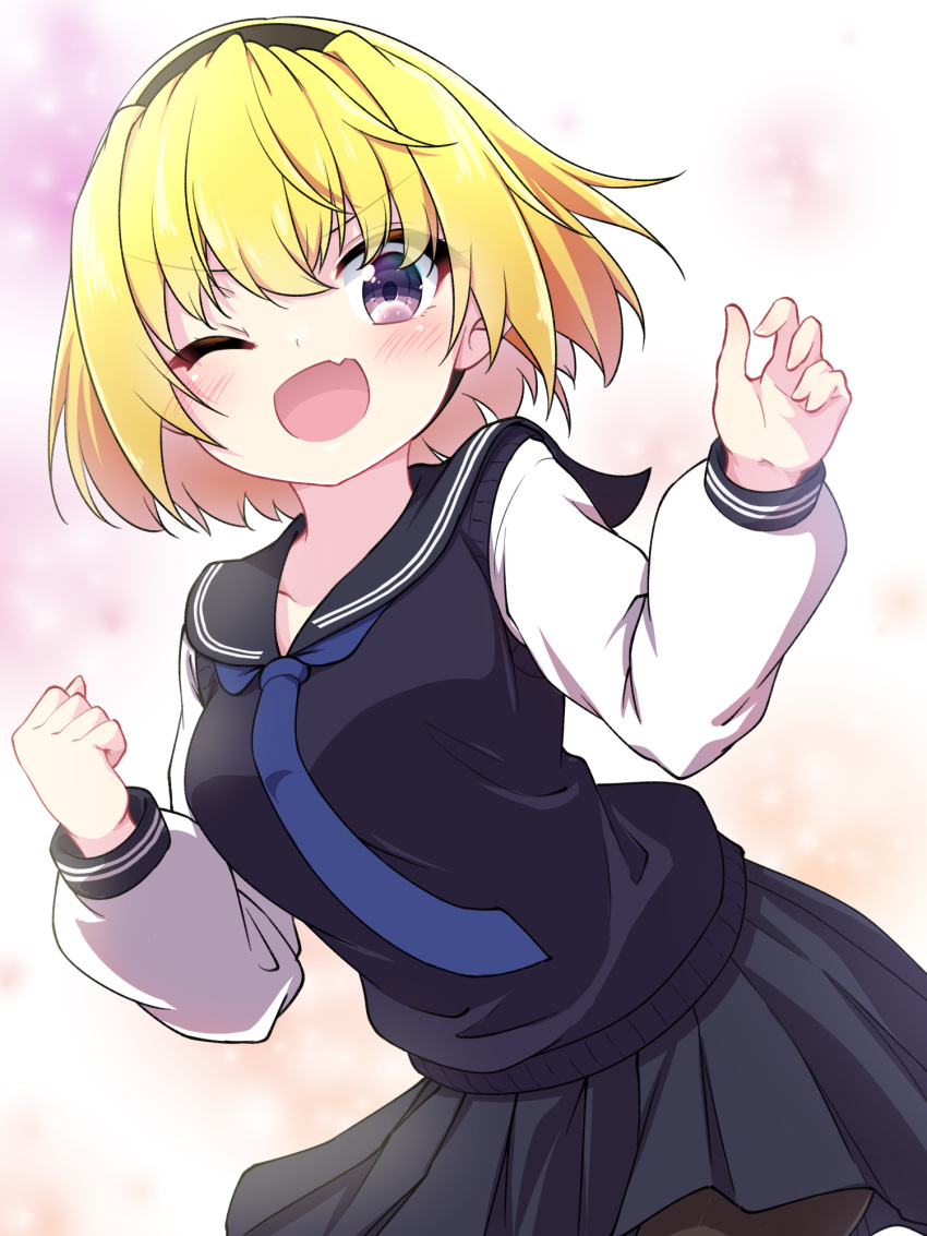 1girl black_hairband black_pantyhose black_sailor_collar black_skirt black_sweater_vest blonde_hair blue_necktie blush collarbone fang hair_between_eyes hairband hazumi_otoya highres higurashi_no_naku_koro_ni houjou_satoko looking_at_viewer necktie one_eye_closed open_mouth pantyhose pleated_skirt sailor_collar shirt short_hair skin_fang skirt solo sweater_vest violet_eyes white_shirt