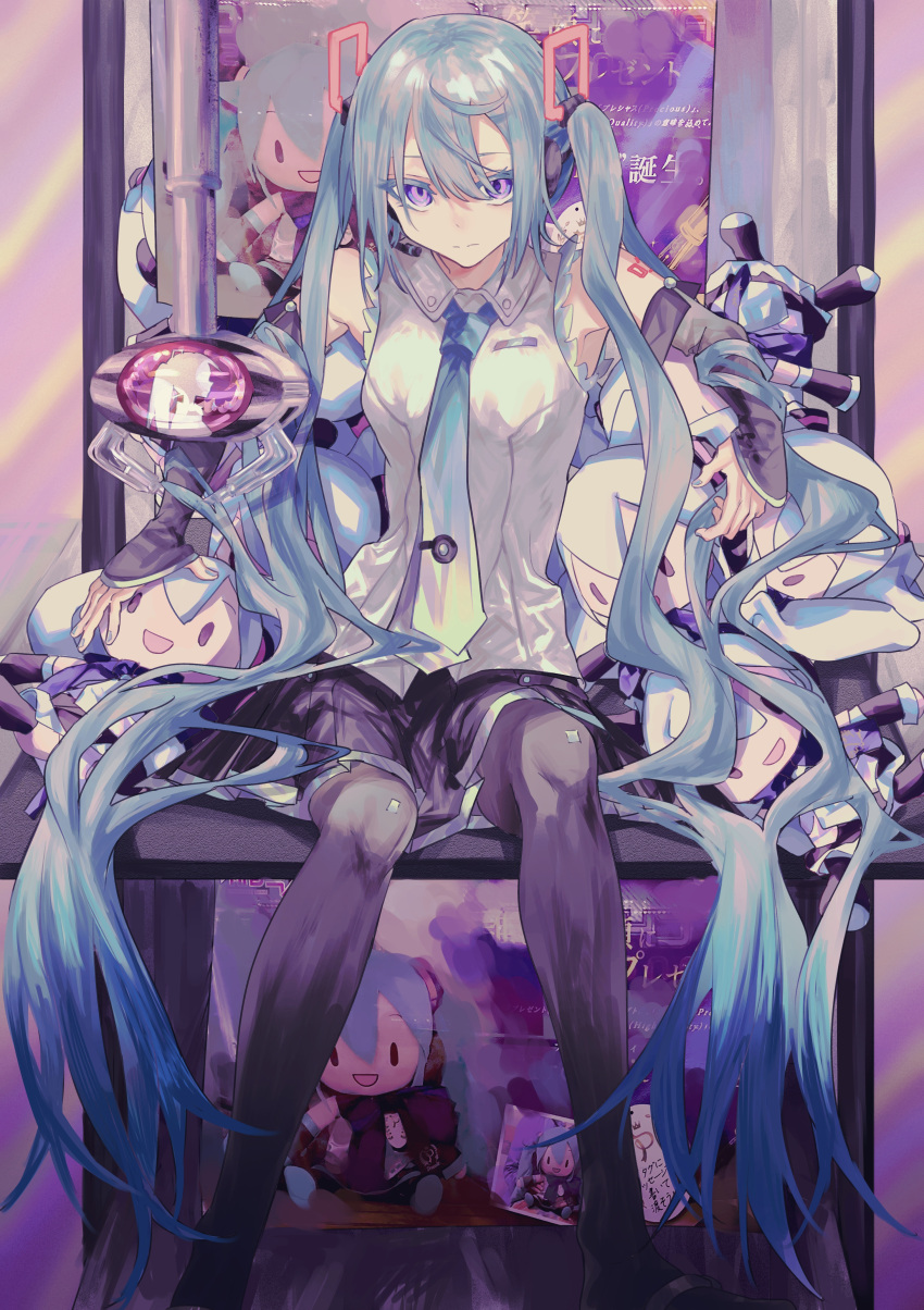 1girl absurdres aqua_hair aqua_nails aqua_necktie bare_shoulders black_skirt black_sleeves black_thighhighs character_doll chinese_commentary commentary commentary_request crane_game detached_sleeves hair_ornament hatsune_miku hatsune_miku_(vocaloid4) headphones headset highres huaji_niang long_hair looking_at_viewer miniskirt nail_polish necktie open_mouth photo_background pleated_skirt sanpati_(style) shirt shoulder_tattoo silhouette sitting skirt sleeveless sleeveless_shirt smile solid_oval_eyes solo stuffed_toy tattoo thigh-highs twintails v4x very_long_hair violet_eyes vocaloid white_shirt