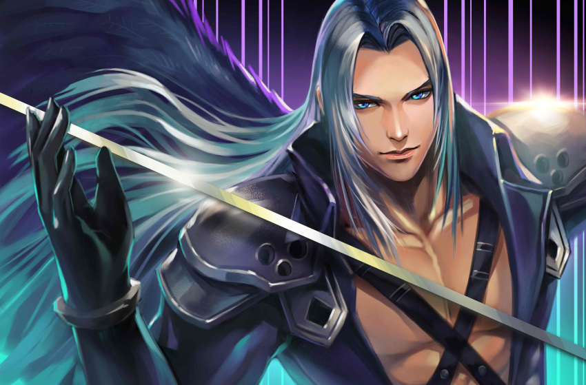 1boy absurdres anjingwang armor black_gloves chest_strap curtained_hair final_fantasy final_fantasy_vii gloves grey_hair highres long_bangs long_hair long_jacket male_focus masamune_(ff7) pauldrons pectorals sephiroth shoulder_armor single_wing solo upper_body v-neck wings