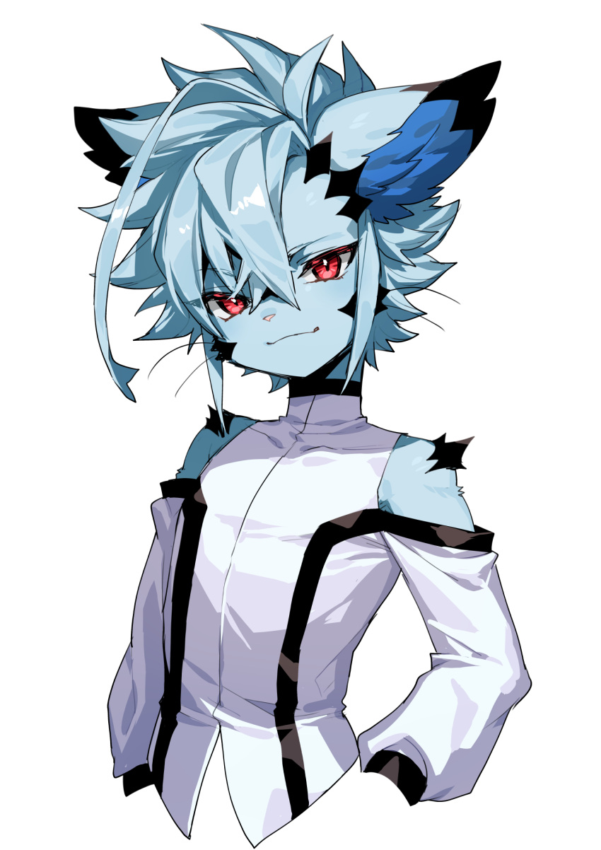 1boy blue_fur blue_hair body_fur furry furry_male highres long_sleeves looking_at_viewer male_focus original red_eyes short_hair smile solo yadayada