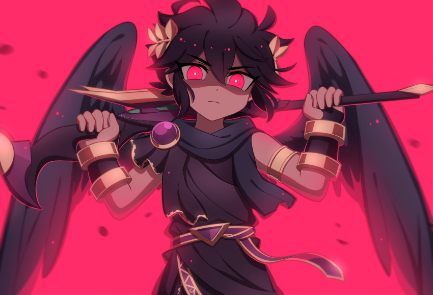 1boy angel angel_wings armband armlet black_hair black_wings dark_pit enni feathered_wings highres kid_icarus kid_icarus_uprising laurel_crown looking_at_viewer male_focus red_background solo upper_body v-shaped_eyebrows wings