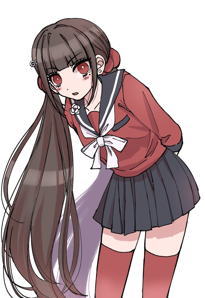 1girl arms_behind_back black_sailor_collar blunt_bangs blush bow bowtie brown_hair danganronpa_(series) danganronpa_v3:_killing_harmony hair_ornament hair_scrunchie hairclip harukawa_maki highres leaning_forward long_hair long_sleeves looking_at_viewer low_twintails miniskirt mole mole_under_eye pleated_skirt red_eyes red_scrunchie red_shirt red_thighhighs sailor_collar satori_(aosky9077) school_uniform scrunchie shirt skirt thigh-highs twintails white_bow white_bowtie