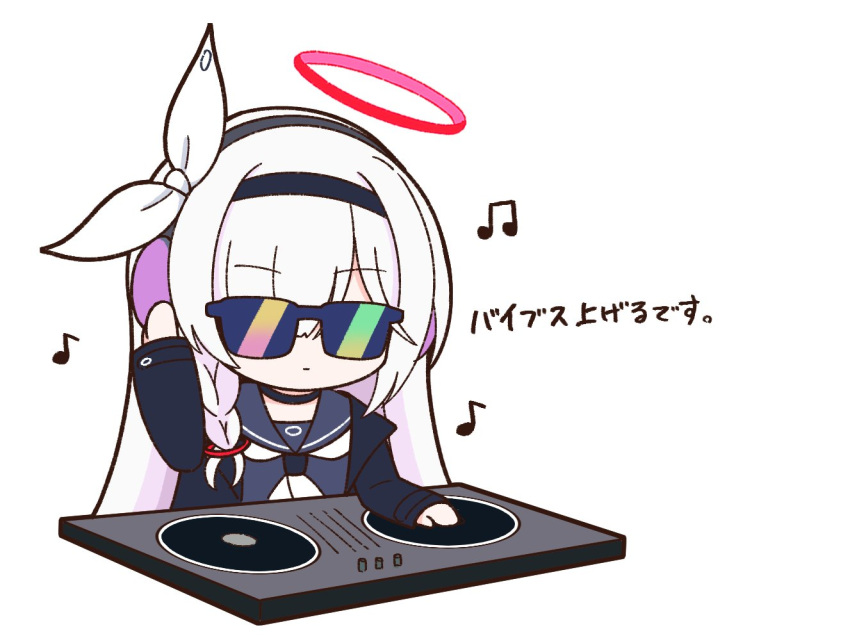 1girl a.r.o.n.a_(blue_archive) achilles_(yosshyachillesd) black_choker black_coat black_hairband black_sailor_collar black_serafuku blue_archive bow braid choker coat commentary_request dj hair_bow hair_over_one_eye hairband halo hand_on_headphones headphones long_hair musical_note neckerchief sailor_collar school_uniform serafuku single_braid solo sunglasses translation_request turntable white_bow white_hair white_neckerchief