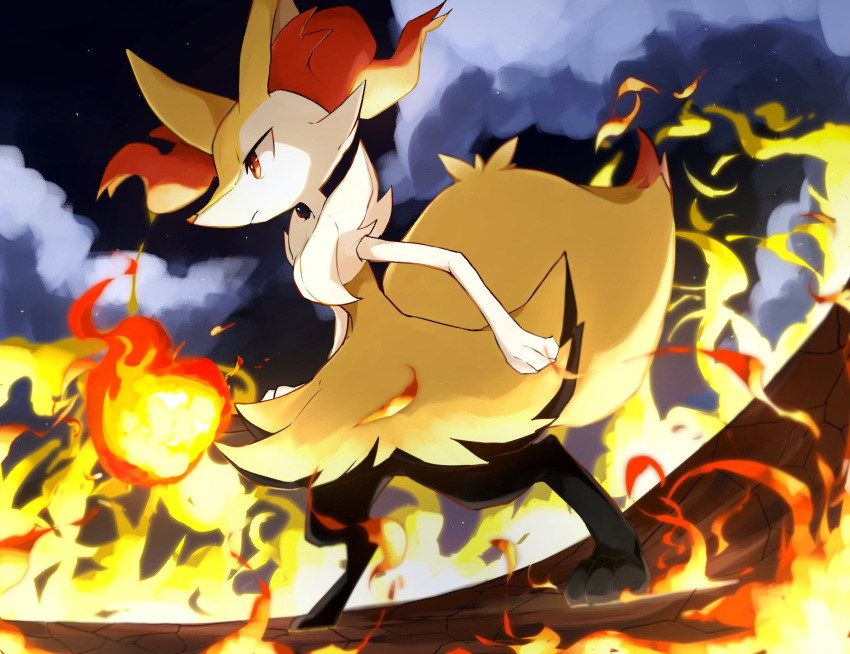 braixen closed_mouth commentary fiery_background fire from_side highres holding holding_stick kou11021301 looking_ahead night night_sky no_humans on_ground pokemon pokemon_(creature) red_eyes sky smoke solo standing stick symbol-only_commentary