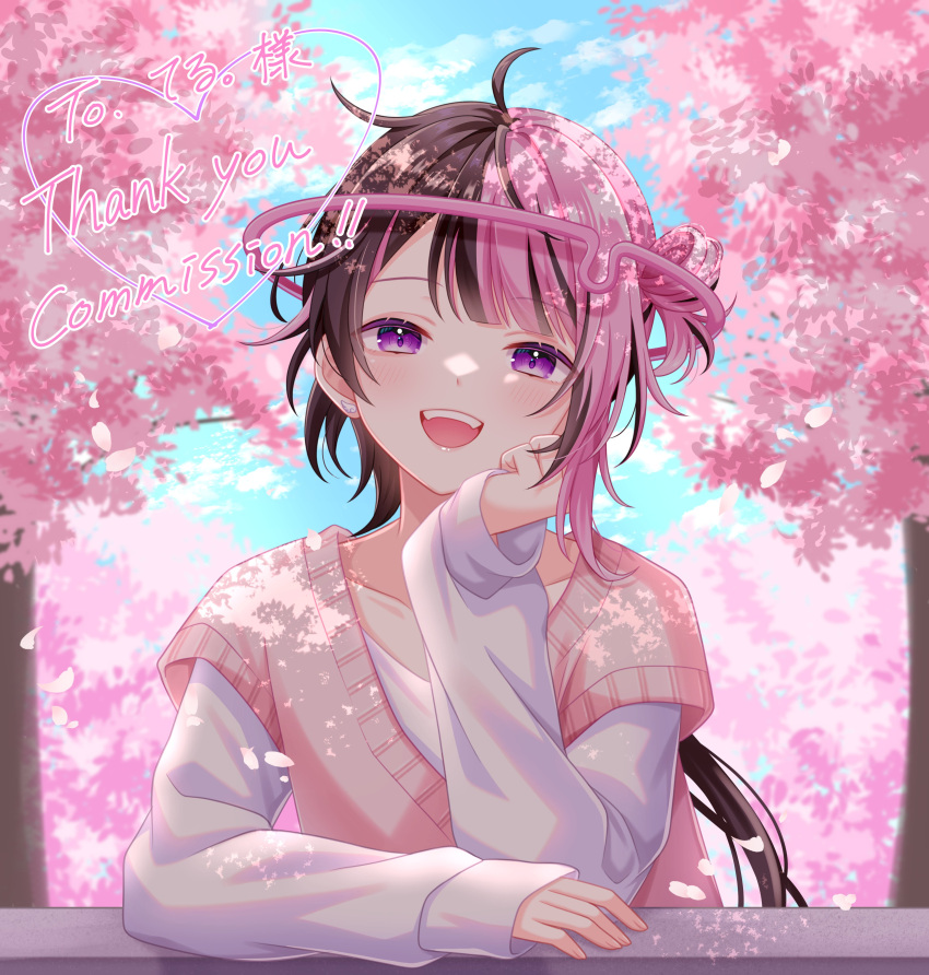 1boy absurdres androgynous blush brown_hair cherry_blossoms commission earrings highres indie_virtual_youtuber jewelry ked_yng long_hair long_sleeves looking_at_viewer low_ponytail male_focus multicolored_hair open_mouth otoko_no_ko petals pink_hair two-tone_hair violet_eyes virtual_youtuber wings