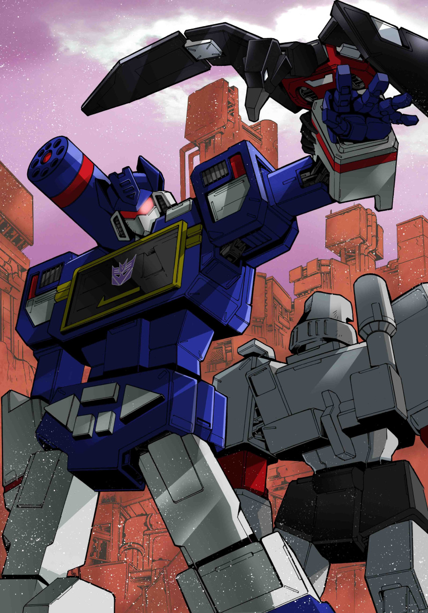 absurdres back-to-back clouds decepticon head_tilt highres laserbeak looking_at_viewer looking_down mecha megatron no_humans non-humanoid_robot open_hand purple_sky robot robot_animal science_fiction shoulder_cannon sky soundwave_(transformers) transformers tsushima_naoto