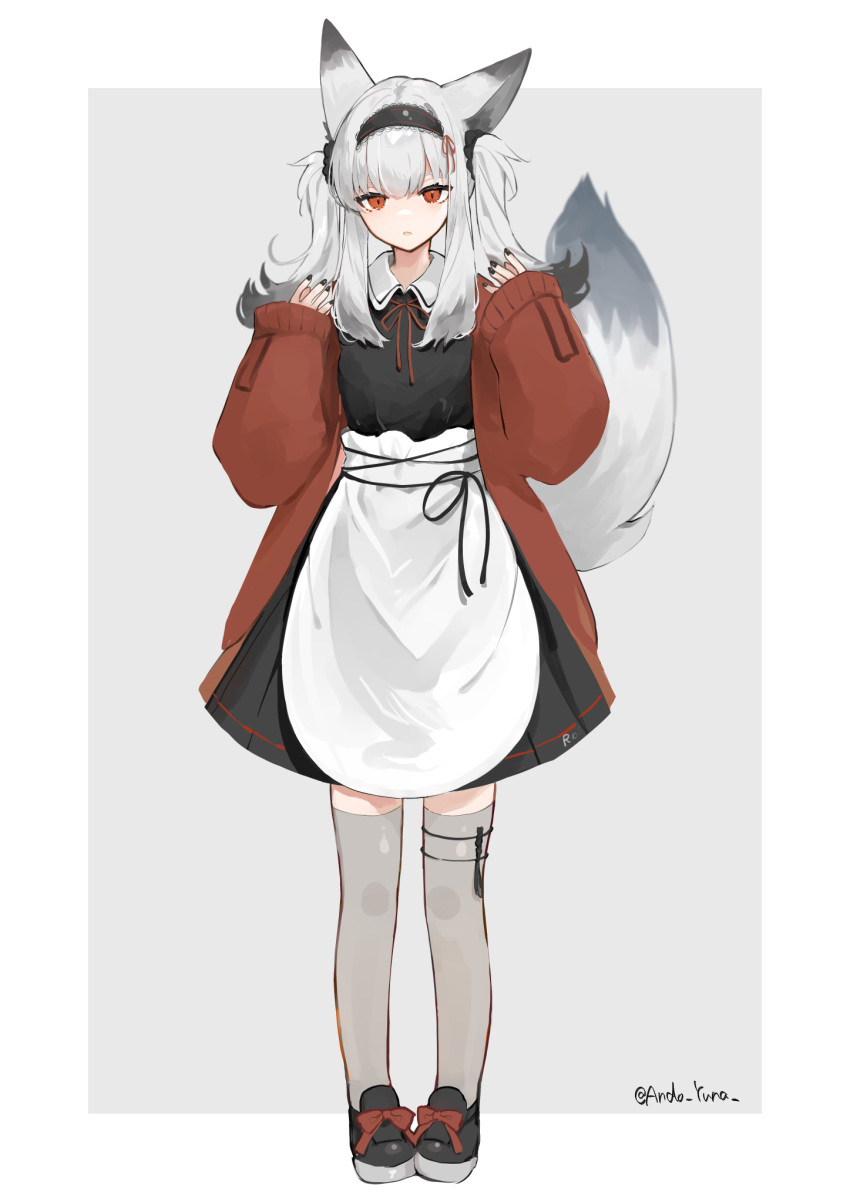 1girl andou_yuna animal_ears apron arknights black_footwear black_hairband black_nails black_shirt black_skirt brown_jacket collared_shirt frostleaf_(arknights) full_body grey_background grey_hair grey_thighhighs hairband highres jacket loafers long_hair long_sleeves looking_at_viewer nail_polish open_clothes open_jacket over-kneehighs parted_lips pleated_skirt puffy_long_sleeves puffy_sleeves red_eyes shirt shoes skirt sleeves_past_wrists solo standing tail thigh-highs twintails twitter_username two-tone_background waist_apron white_background