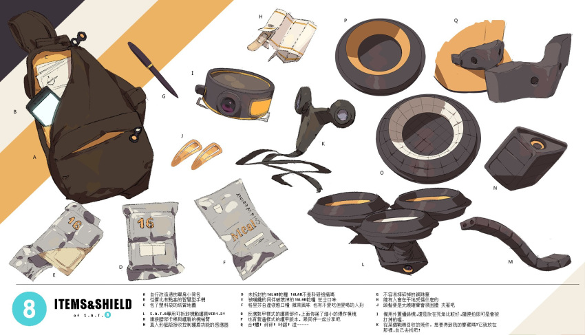 backpack bag bandaid brown_bag cellphone character_name chinese_commentary chinese_text commentary_request concept_art equipment_layout field_ration girls_frontline hair_ornament hairclip highres multiple_views nin_(lion) no_humans object_request official_art paper pen phone reference_sheet s.a.t.8_(girls'_frontline) shield smartphone translation_request white_background