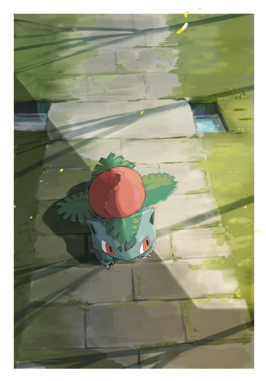 border bulbasaur claws commentary day english_commentary flower highres leaf momota_pix no_humans outdoors path pokemon pokemon_(creature) red_eyes red_flower shade shadow stone_walkway white_border